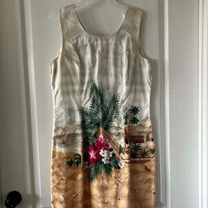 KY'S Hawaiian Sleeveles Sheath Dress with a tropical Island Beach Scene Print XL